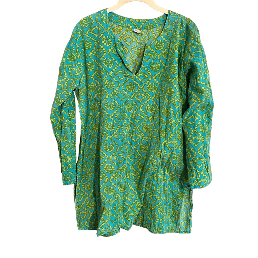 100% Cotton Aqua / Green Geometric Print Long Sleeve Tunic Blouse, XL